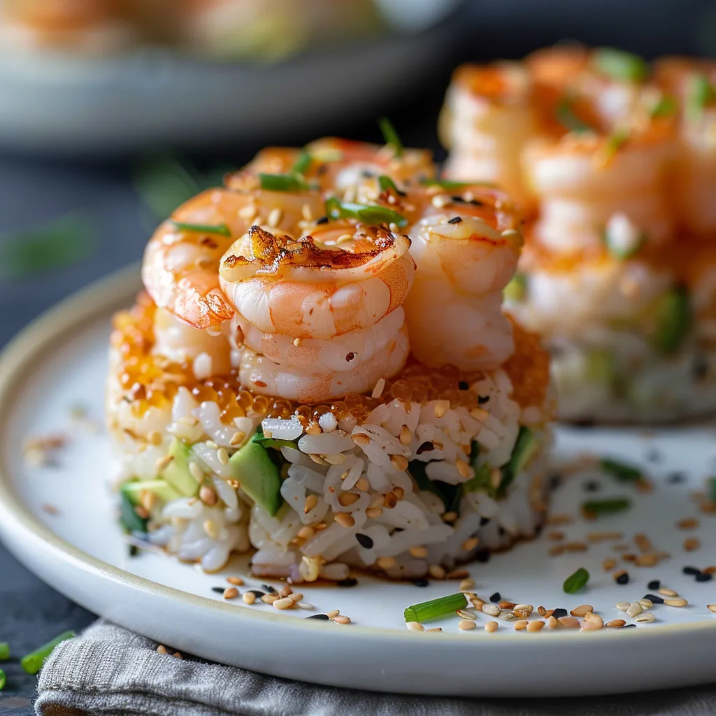 A rice and shrimp dish topped with sesame seeds on a plate.