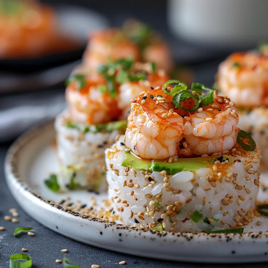 A plate of shrimp and rice with sesame seeds on top.