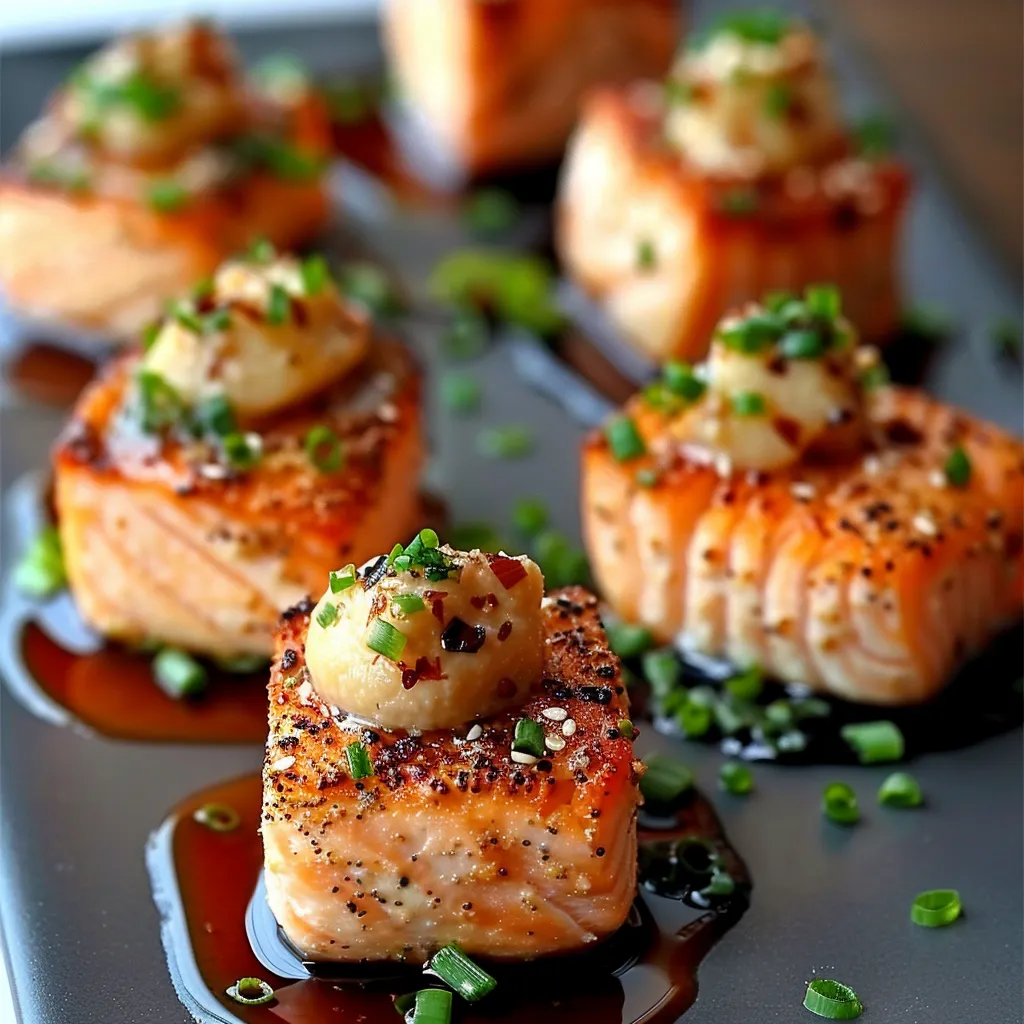 Golden salmon bites with creamy avocado sauce.