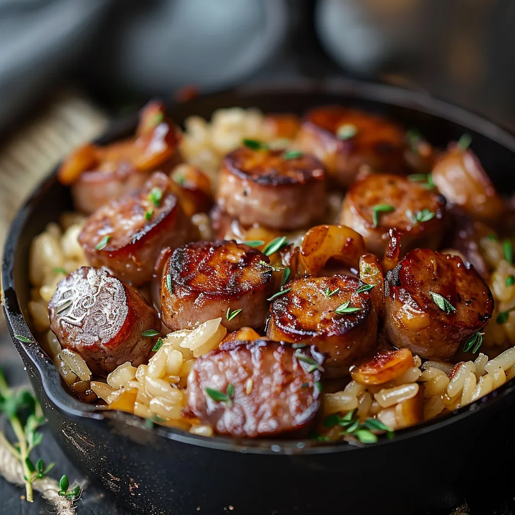 A bowl of sausage and rice.