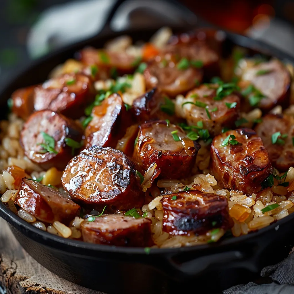 A bowl of rice with sausage and vegetables.