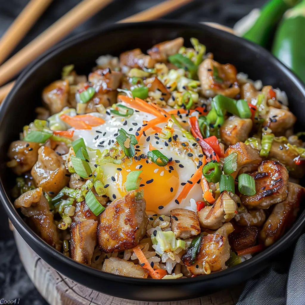 A hearty meal with an egg on top in a bowl.
