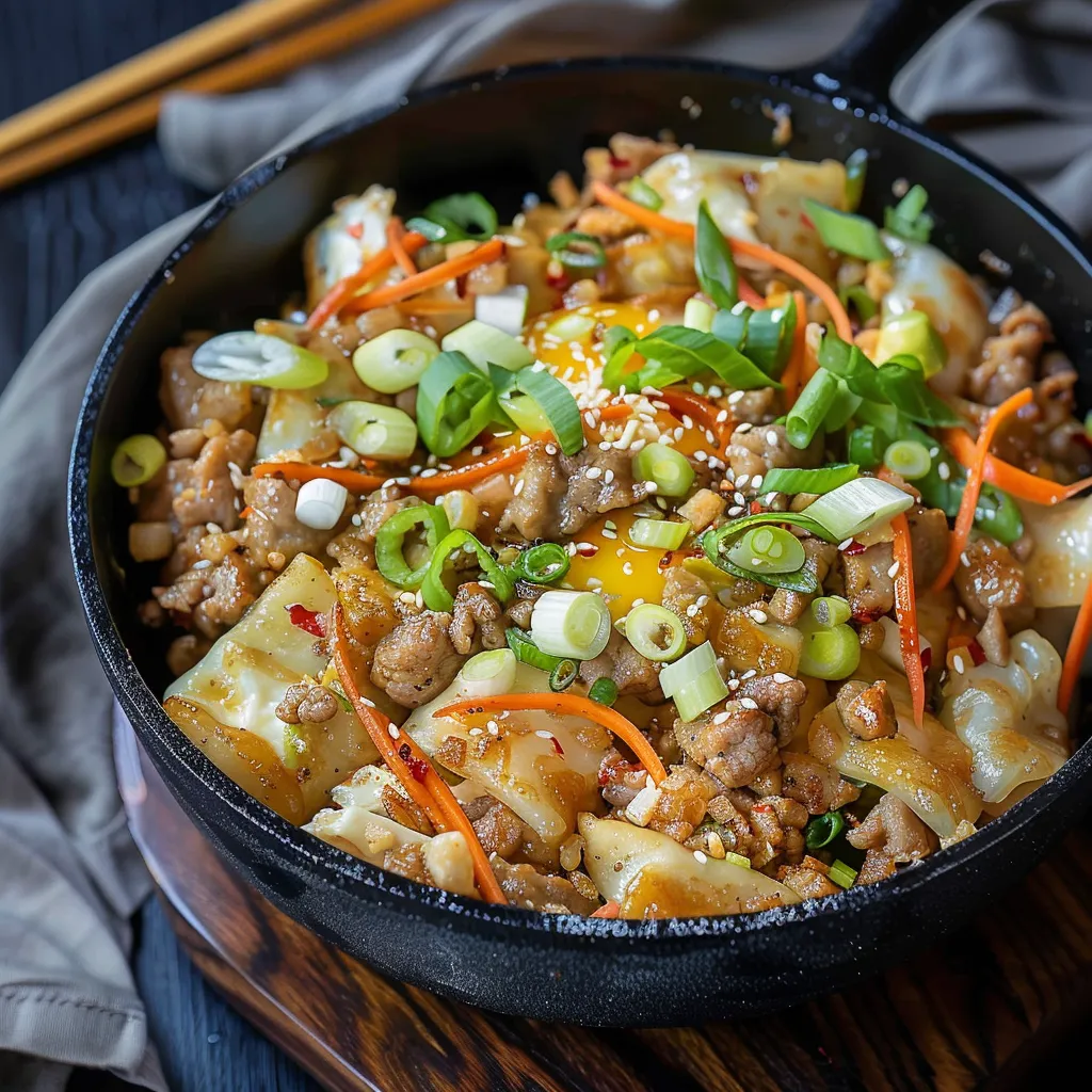 A black wok filled with meat and vegetables.
