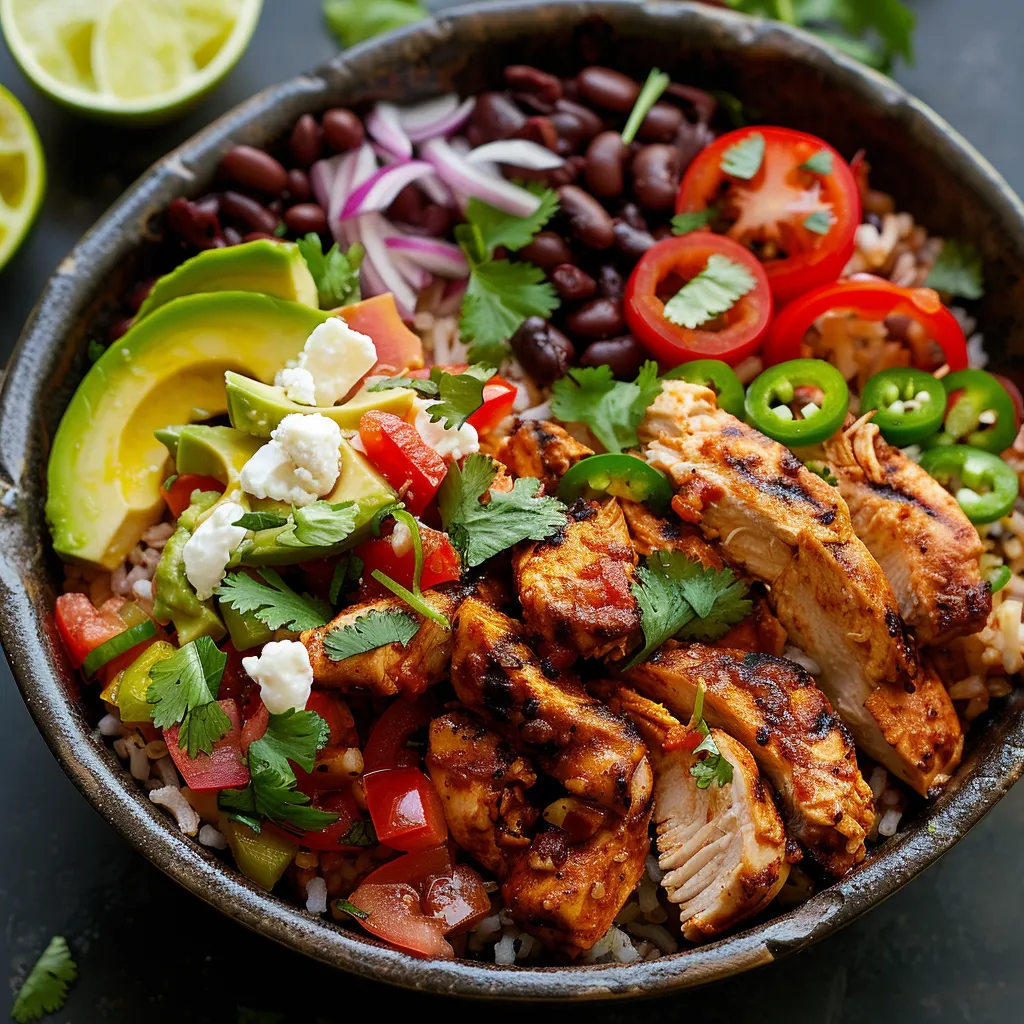 A colorful bowl filled with chicken, rice, beans, and fresh veggies.