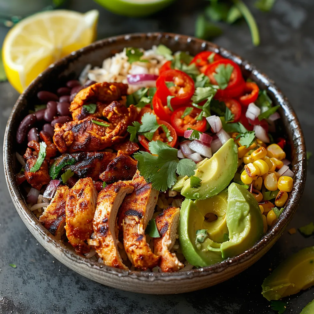 A bowl of food with chicken, avocado, beans, and peppers.
