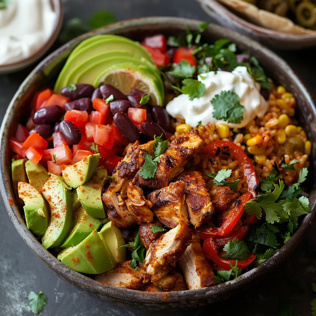 A bowl of food with chicken, avocado, tomatoes, and sour cream.