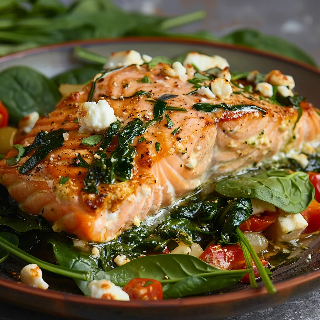 Flaky salmon served with veggies on a plate.
