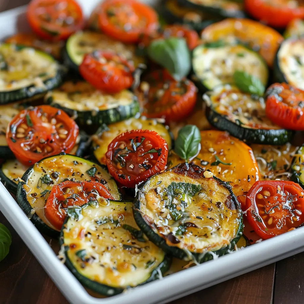A dish of zucchini and tomatoes.