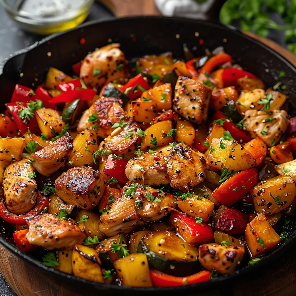 A pan of food with peppers and onions.