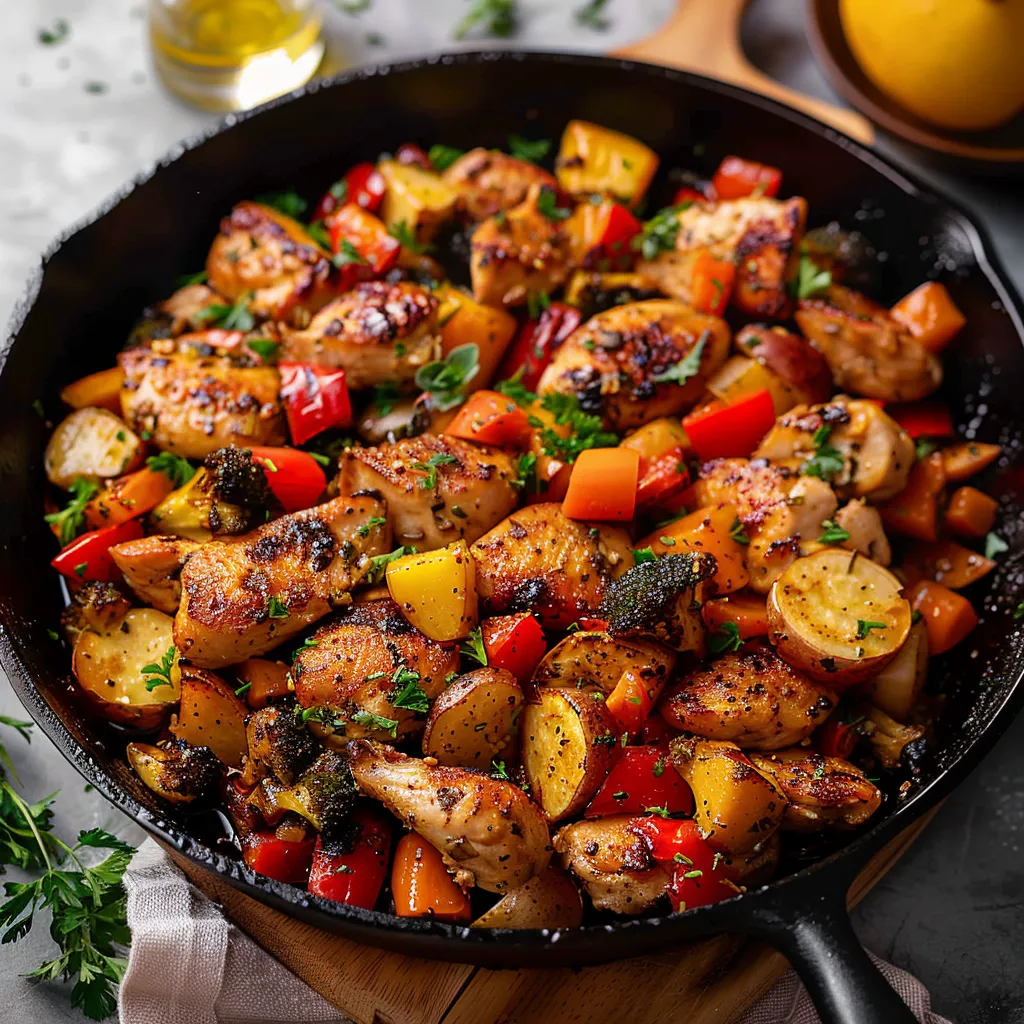 A pan of chicken and vegetables.