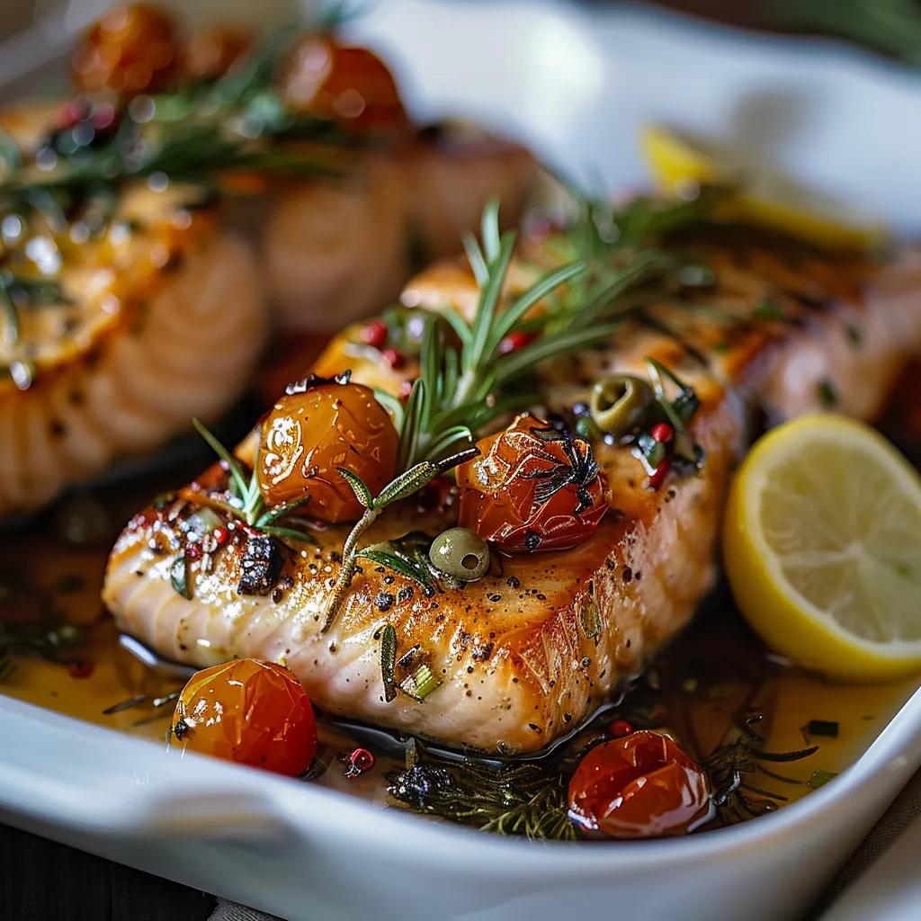 A plate of fish with tomatoes and lemon.