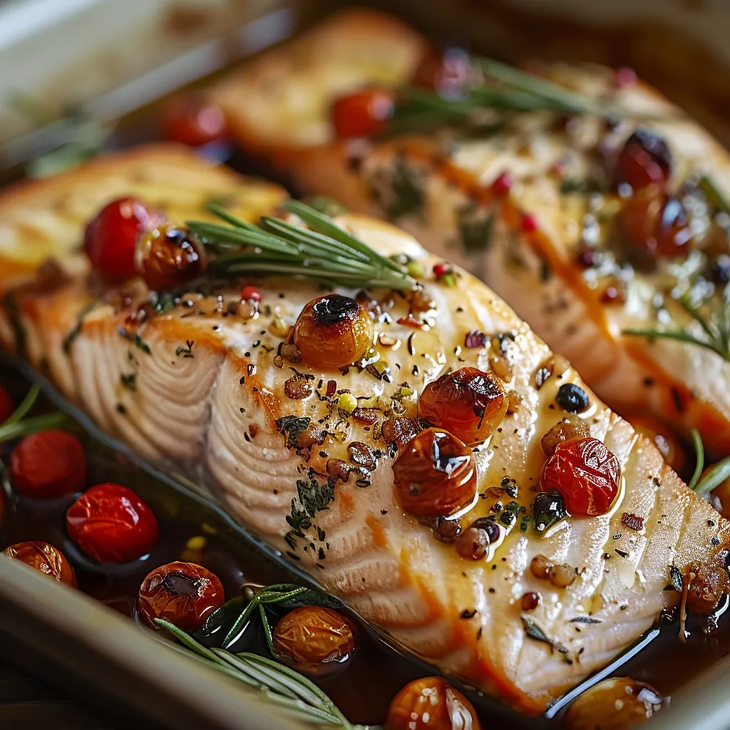 A pan of fish with tomatoes and herbs.