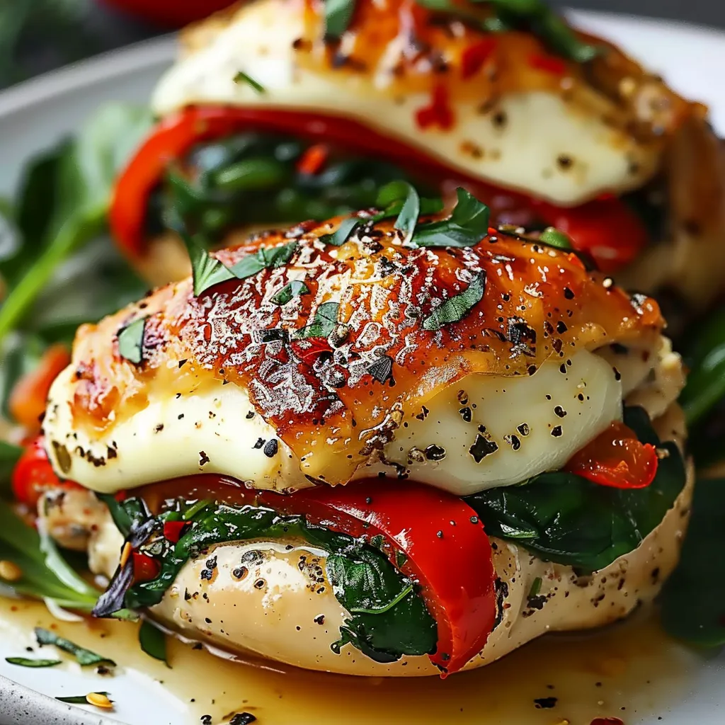 Two pieces of chicken with cheese and peppers on top.