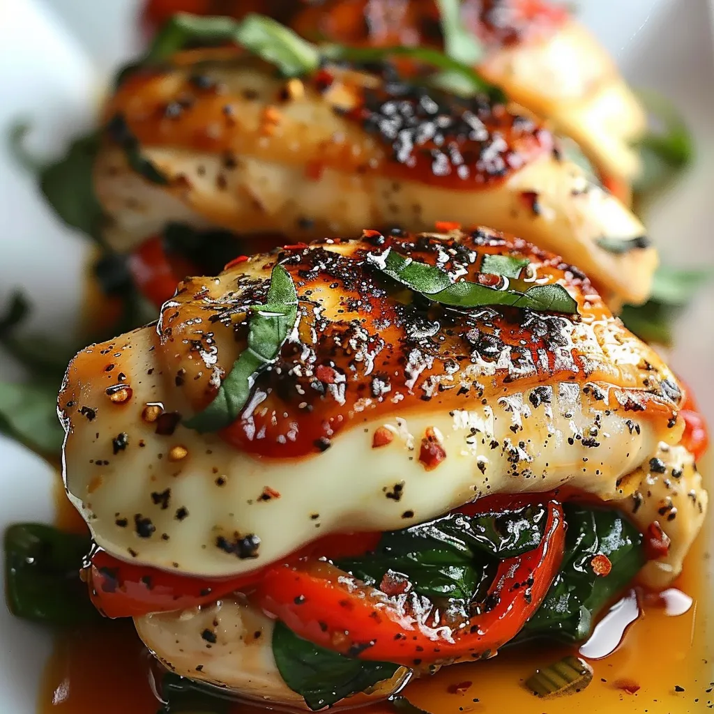 Chicken with sauce and greens.