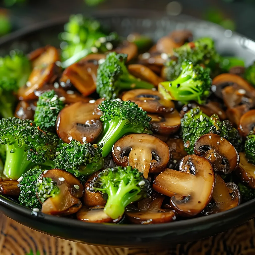 A bowl of mushrooms and broccoli.