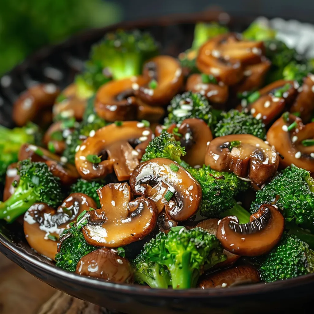 A bowl of mushrooms and broccoli.