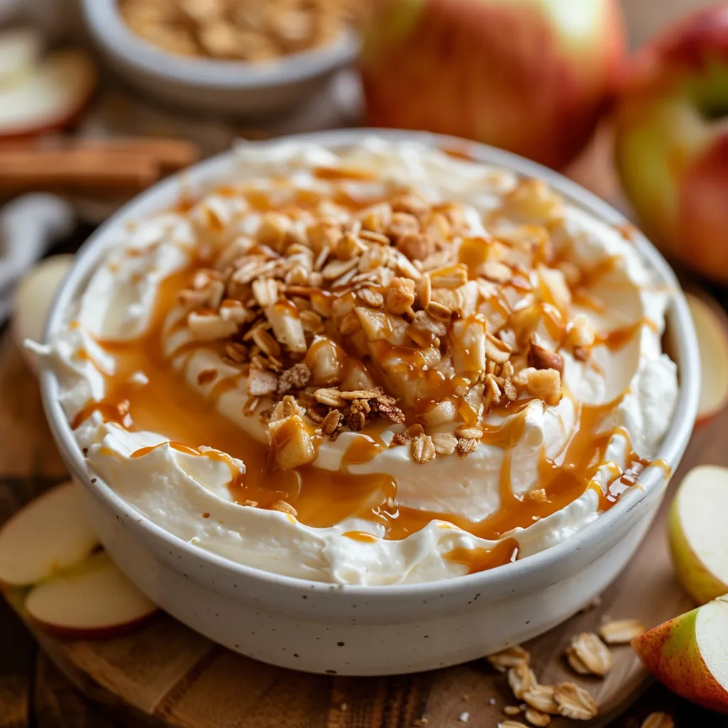 Bowl of sweet dip with apple slices and nuts.
