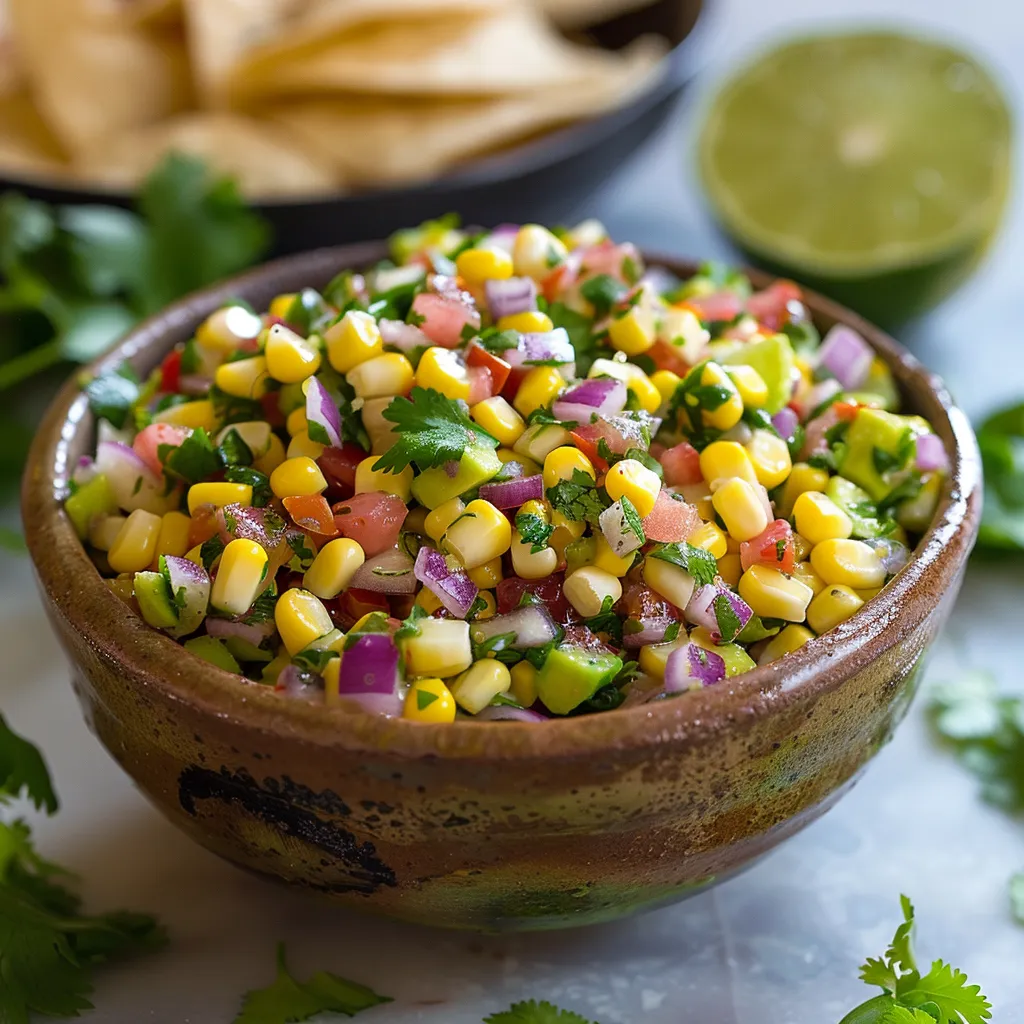 A bowl filled with colorful corn salsa and lime.