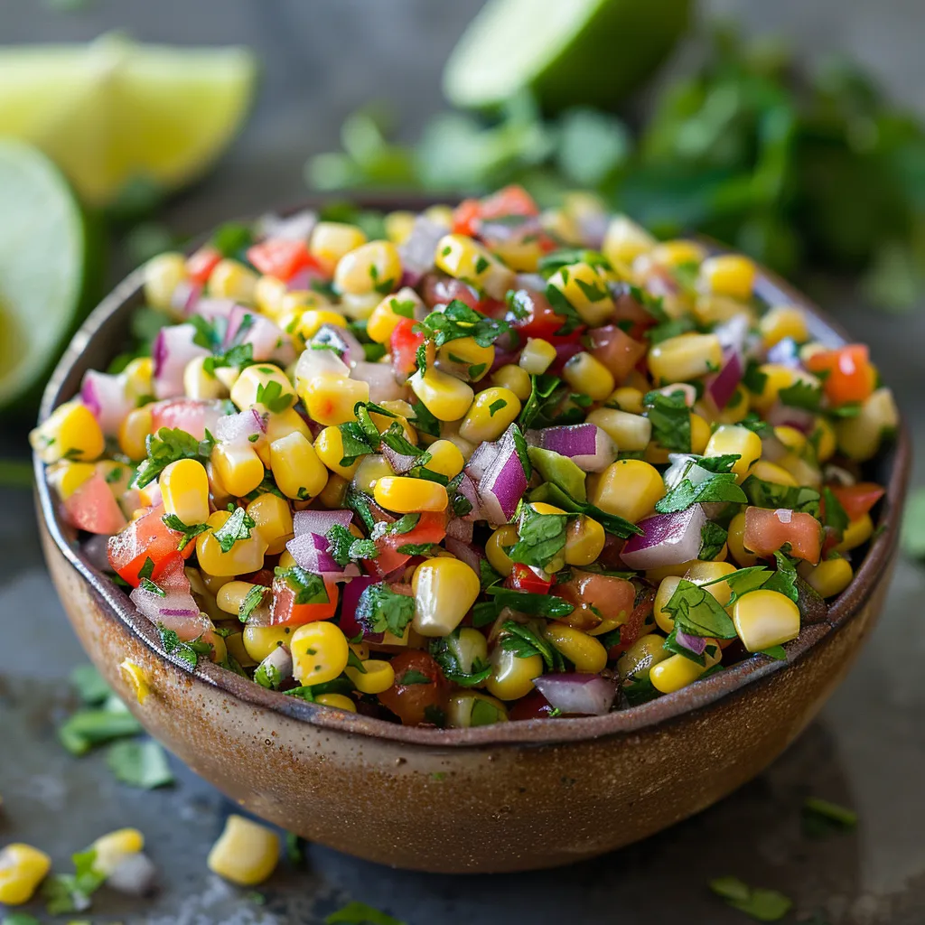 A bowl of food with lime and corn.