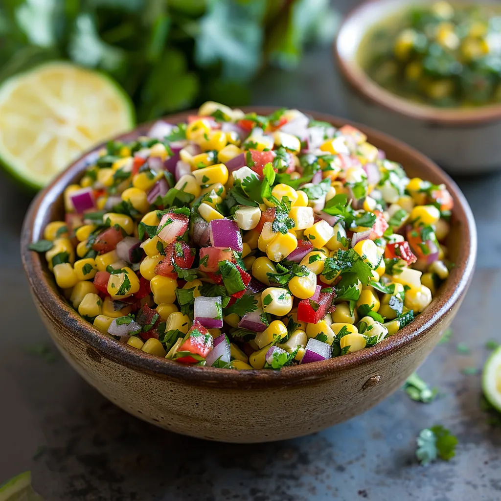 A bowl of food with limes and corn.