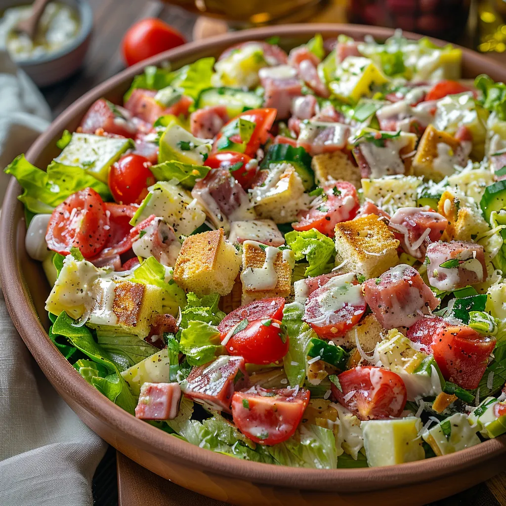 A bowl of chopped salad with veggies and meats.