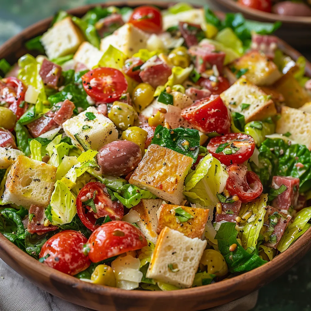 A salad with tomatoes, lettuce, and bread.
