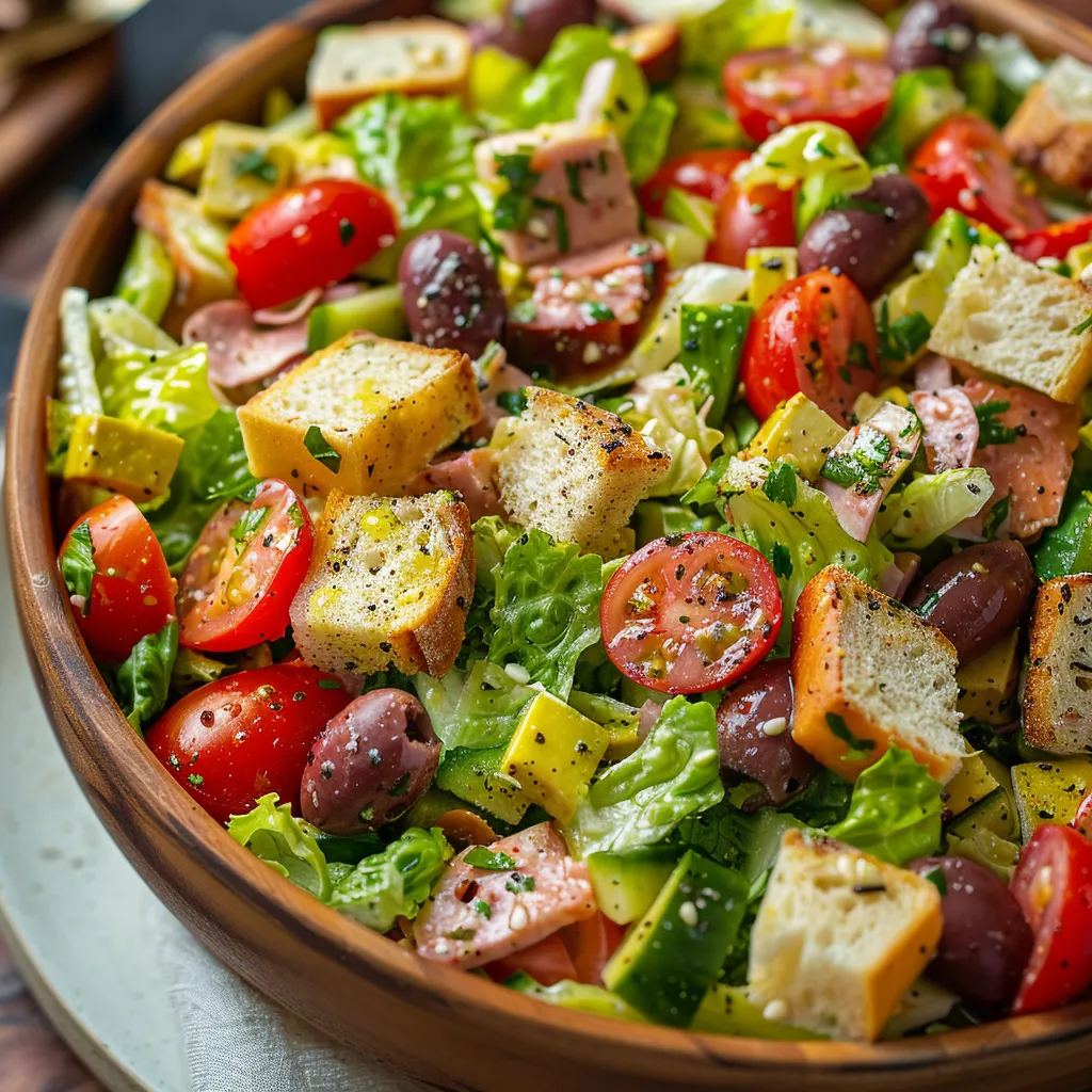 A salad with bread, tomatoes, cucumbers, olives, and lettuce.