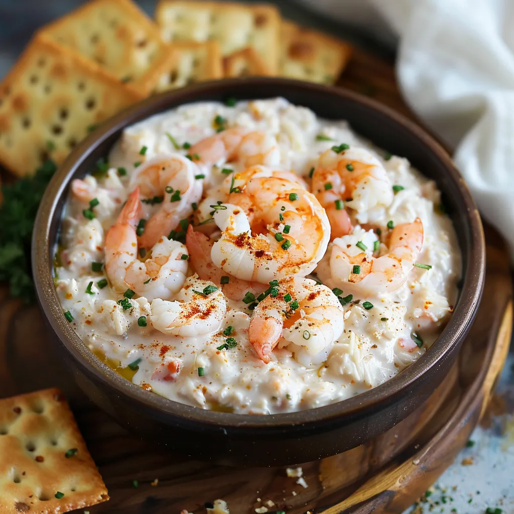 A bowl of crab and shrimp spread with crackers.