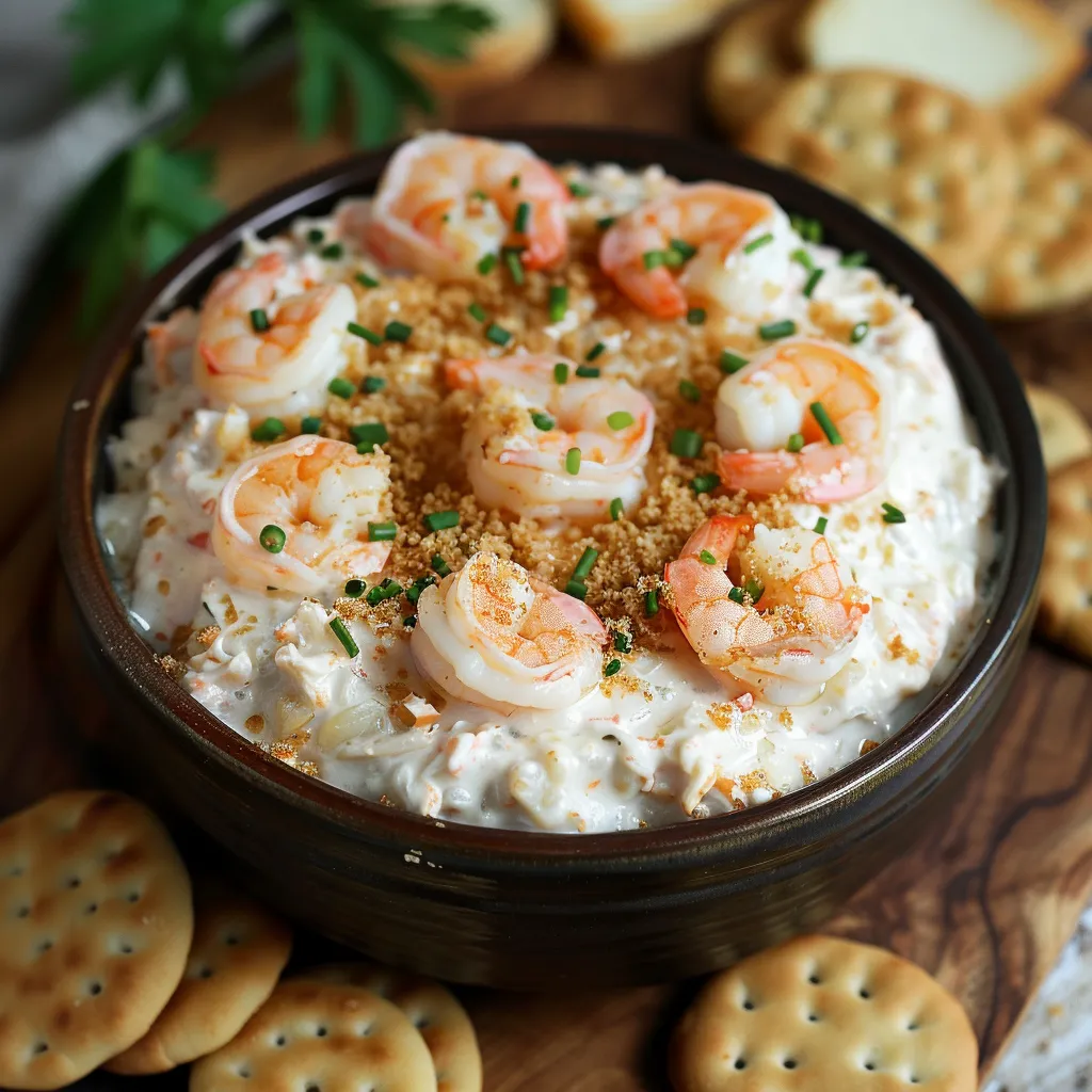 A bowl of shrimp salad with crackers on a table.
