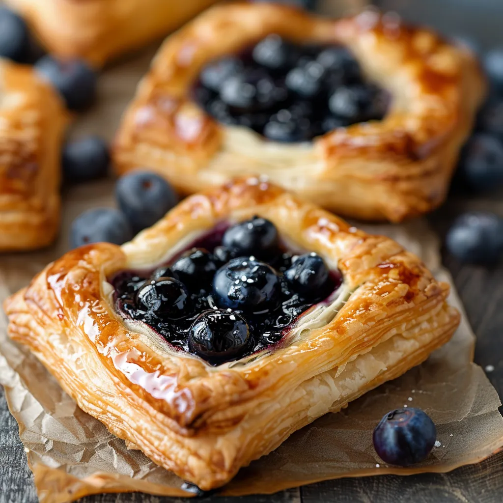 Golden pastry topped with juicy blueberries.