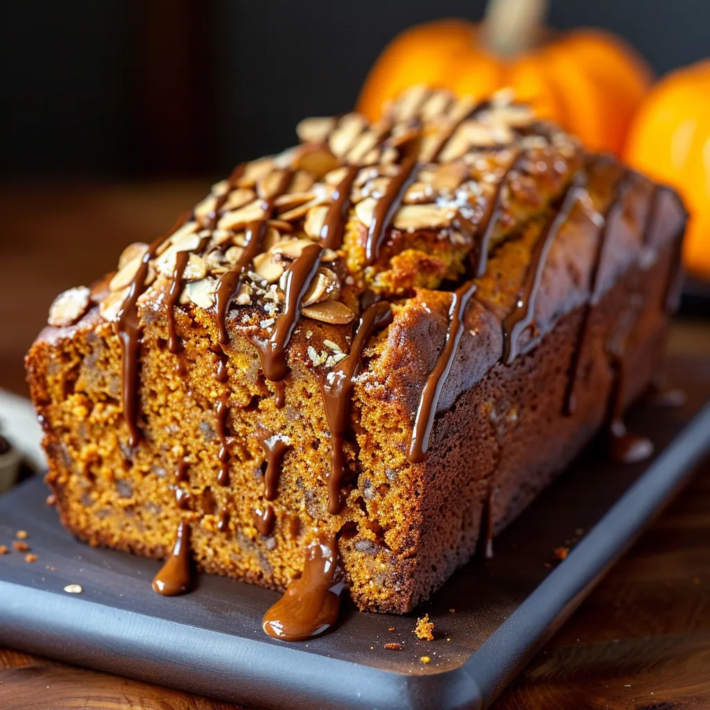 Sliced pumpkin bread drizzled with chocolate.
