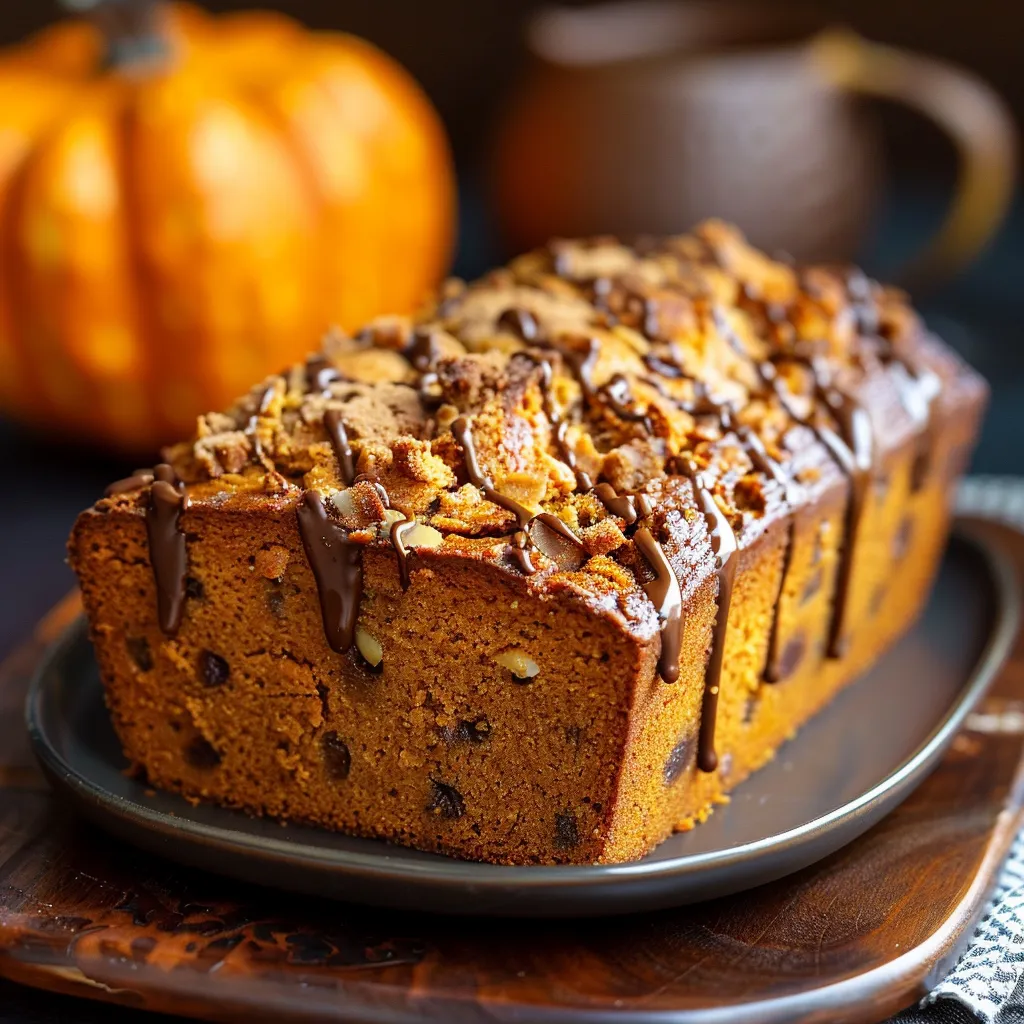 A slice of pumpkin bread with chocolate drizzle.
