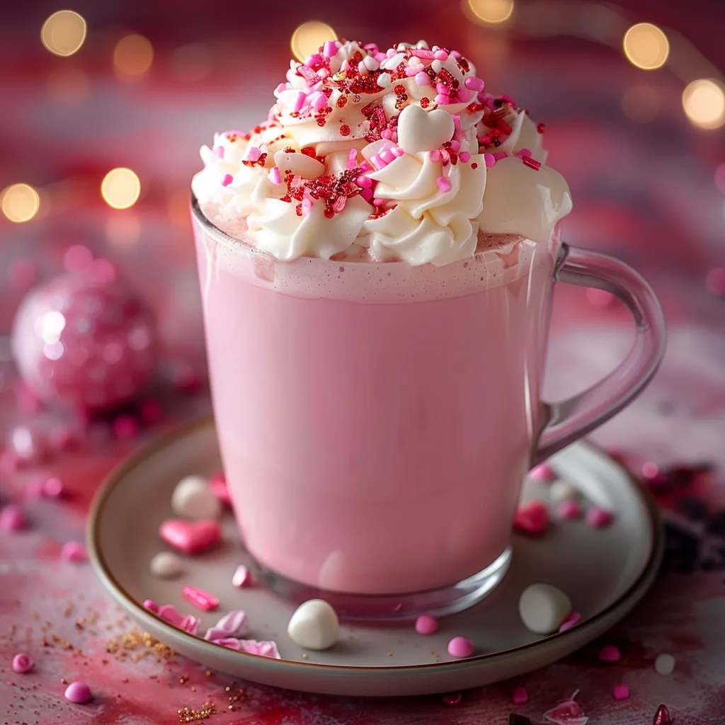 A cup of pink whipped cream with sprinkles.
