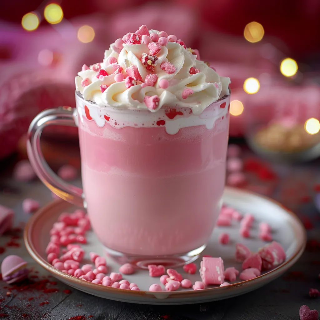 Glass filled with pink drink topped with whipped cream.