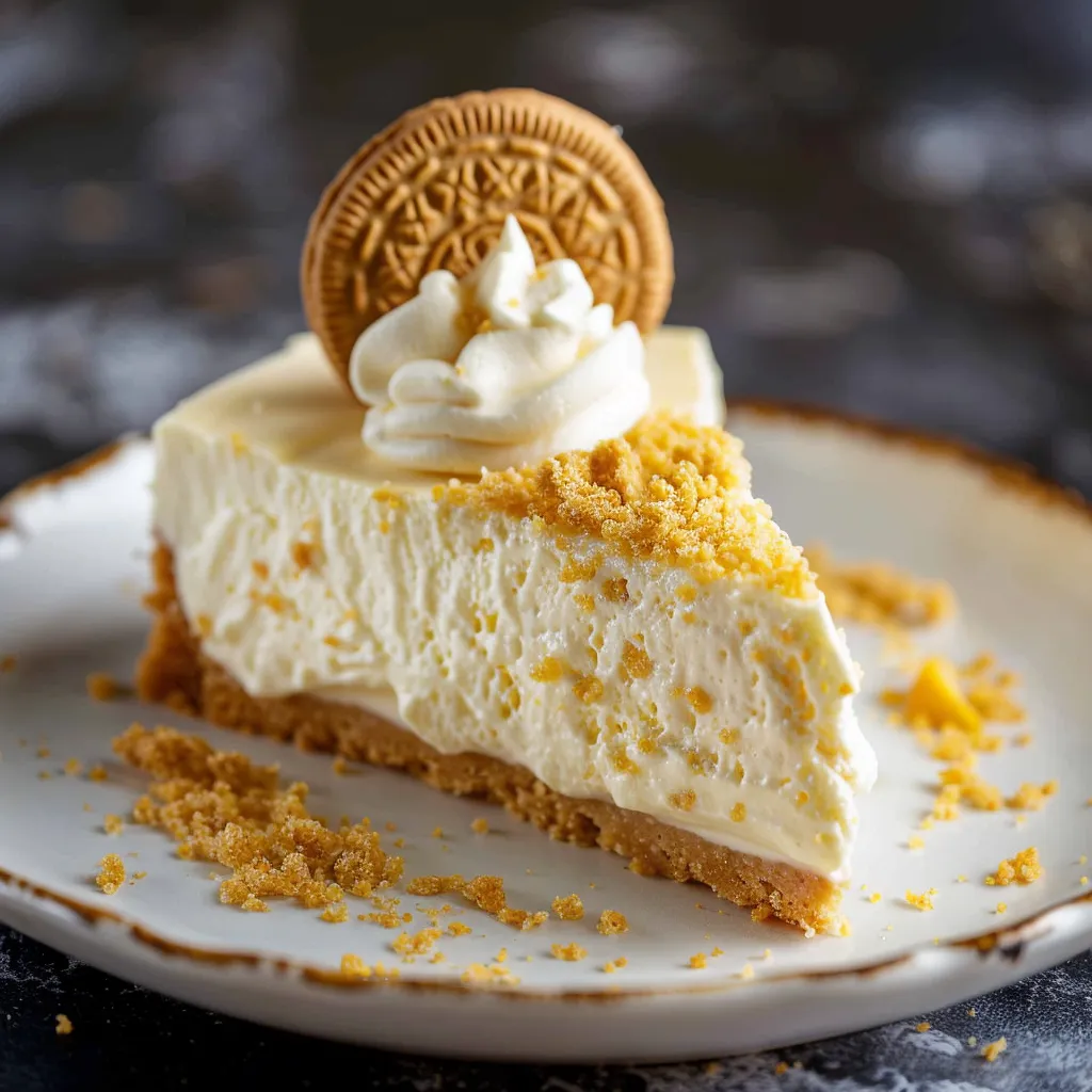 A slice of cheesecake with a cookie on top.