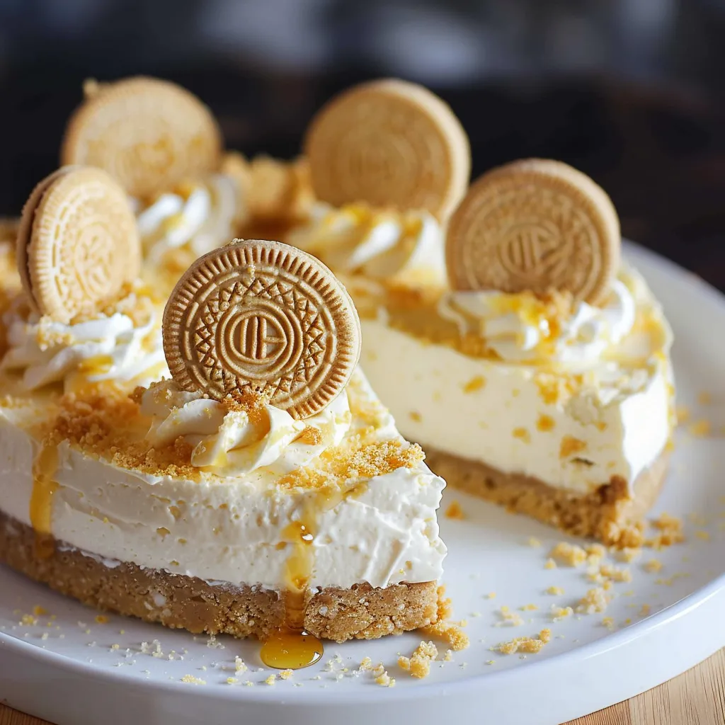 A slice of cake with white frosting and chocolate cookies on top.