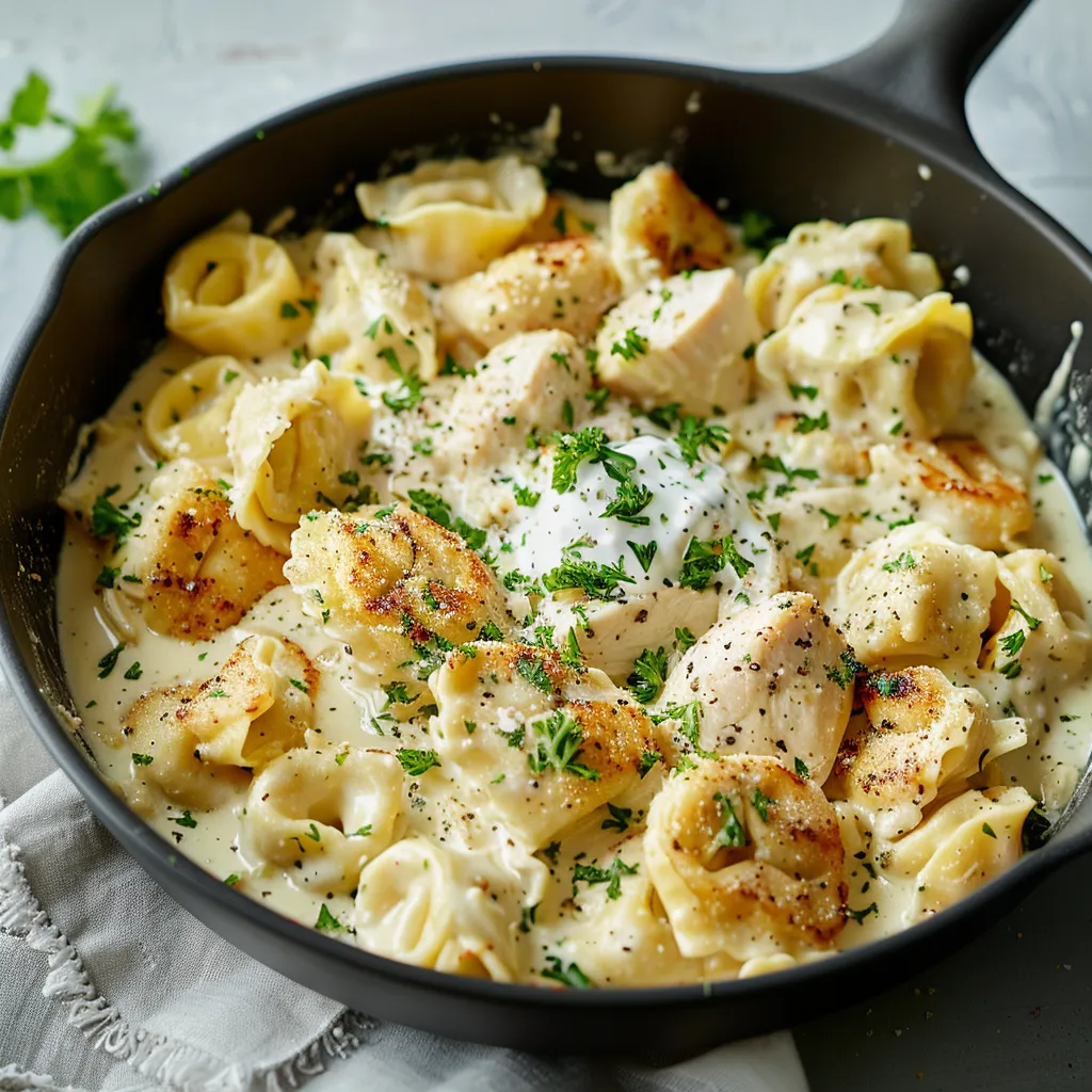 A serving of creamy pasta with tortellini and chicken.