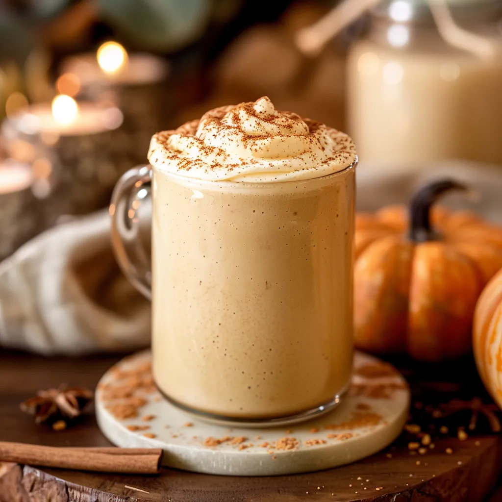 A cup of coffee with whipped cream and a pumpkin on the table.