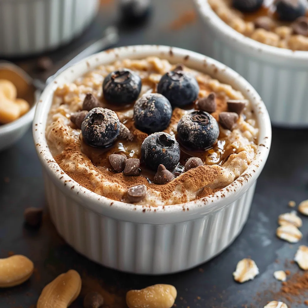A bowl of oatmeal with blueberries and chocolate chips.