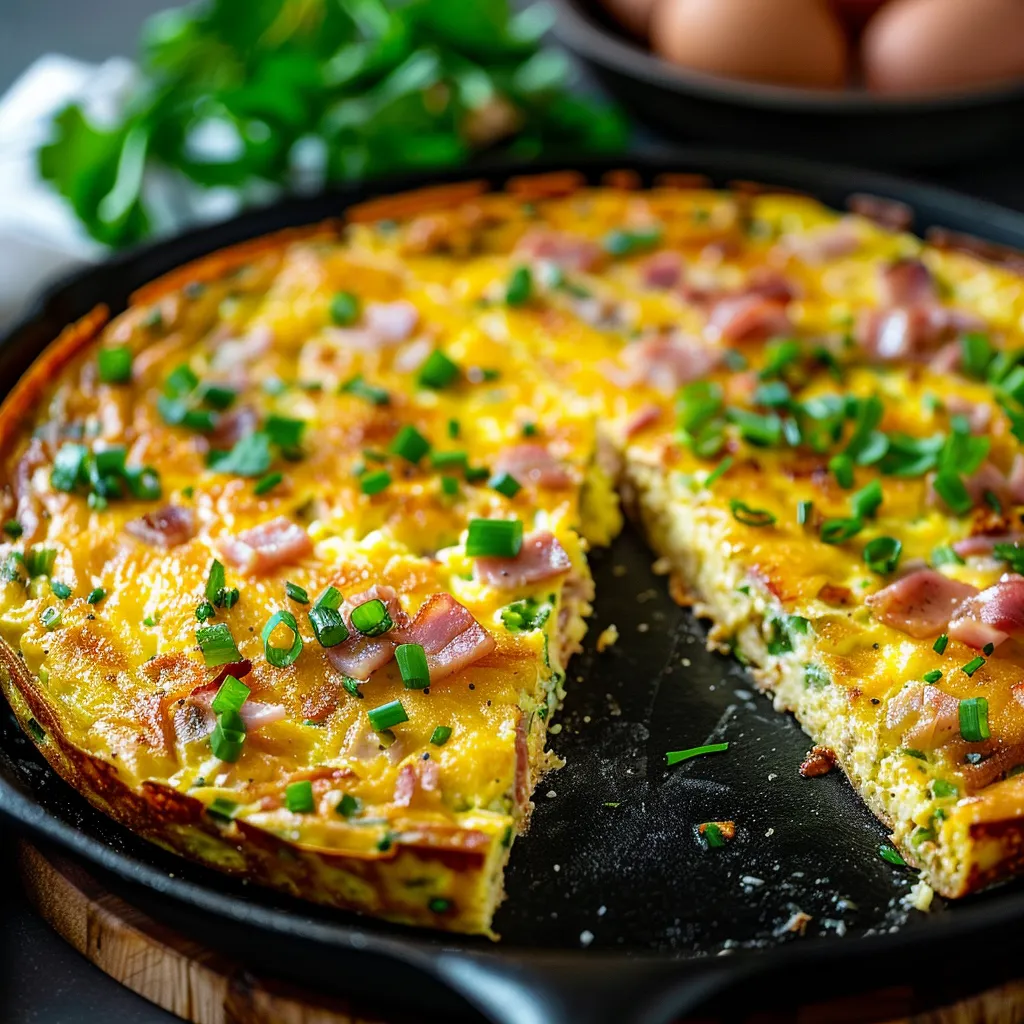 A delicious quiche slice garnished with bacon and green onions.