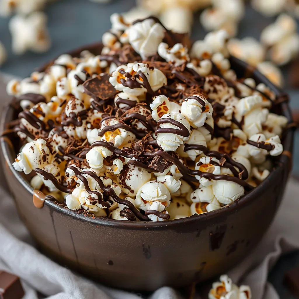 Popcorn drizzled in chocolate sitting in a bowl.