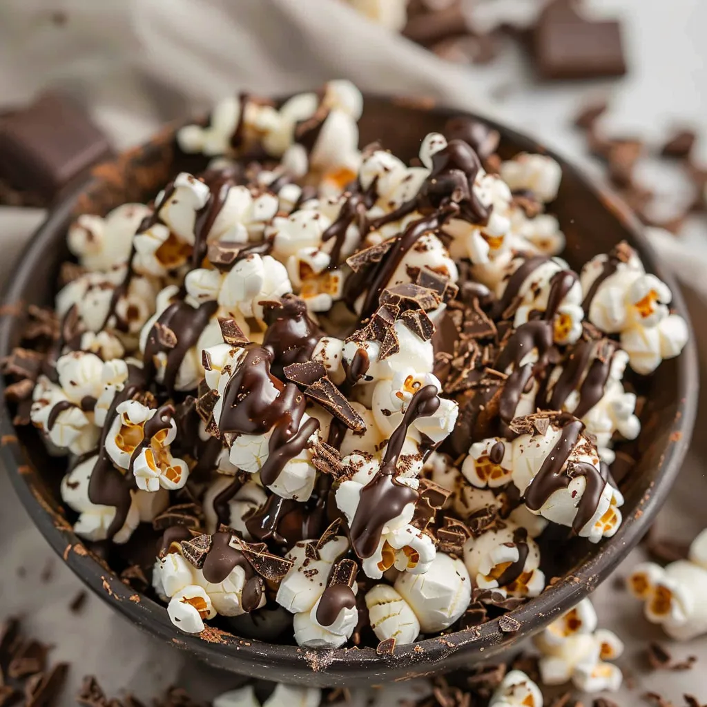 A bowl of popcorn with chocolate drizzled on top.
