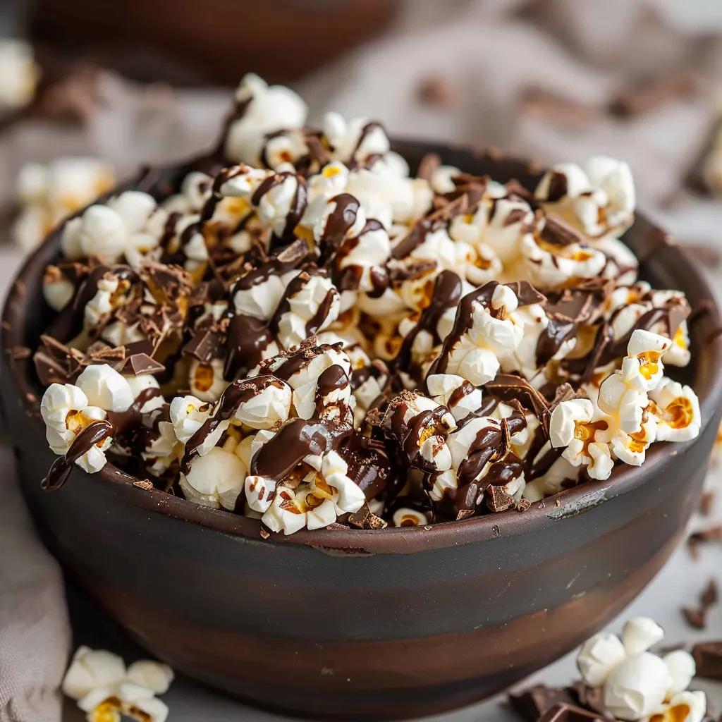 A bowl of popcorn with chocolate drizzled on top.