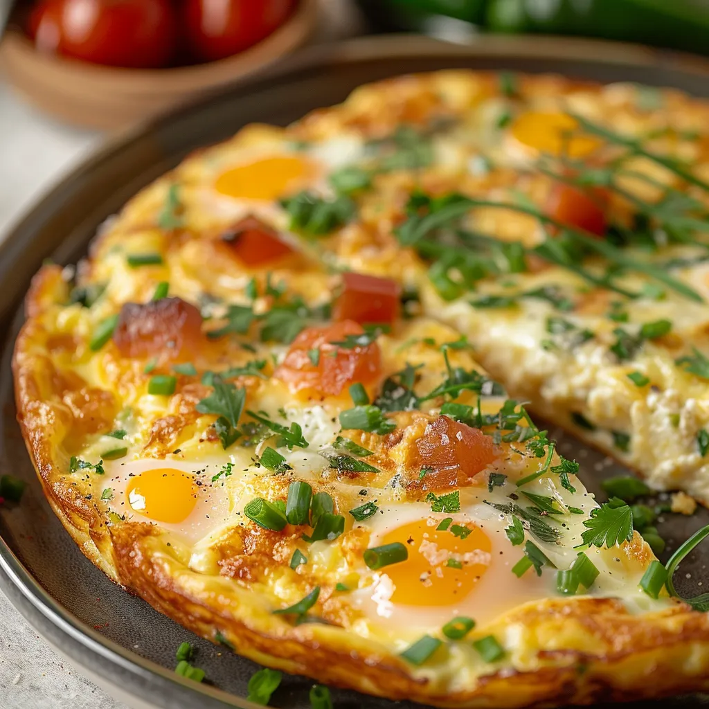 A golden egg dish with veggies on a plate.