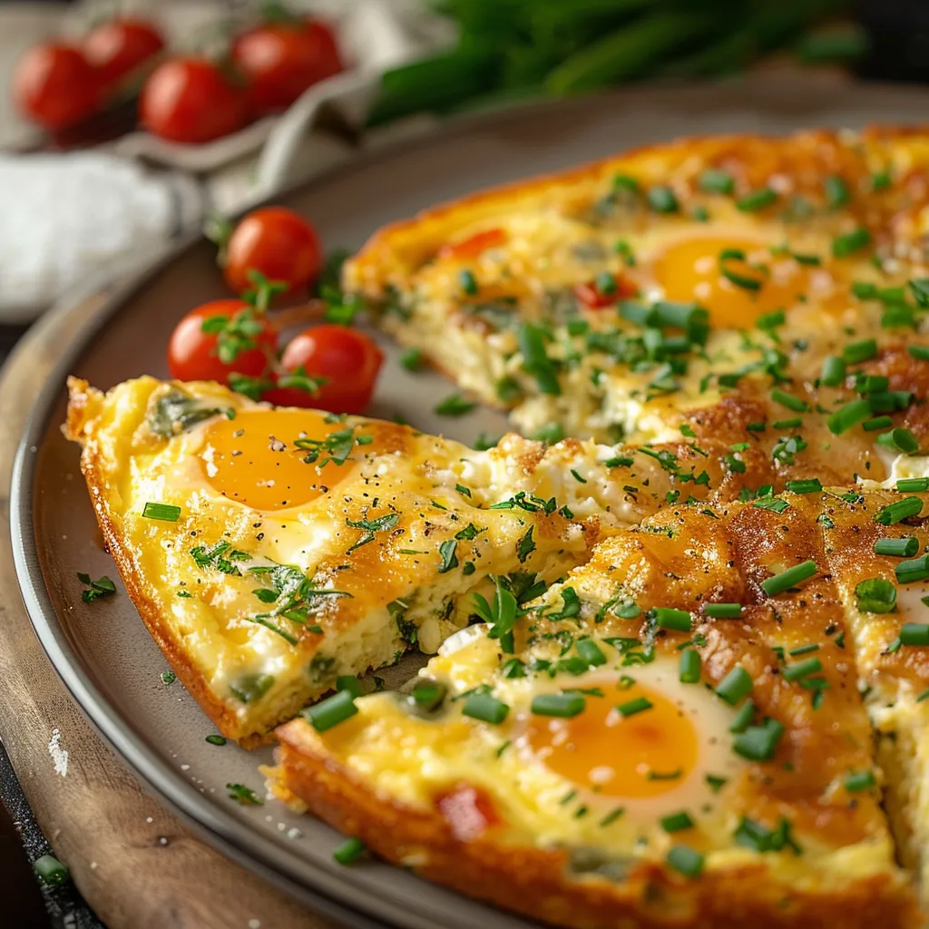 A slice of quiche with tomatoes and herbs.