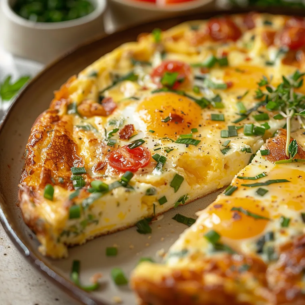 A pizza with eggs and tomatoes on top.