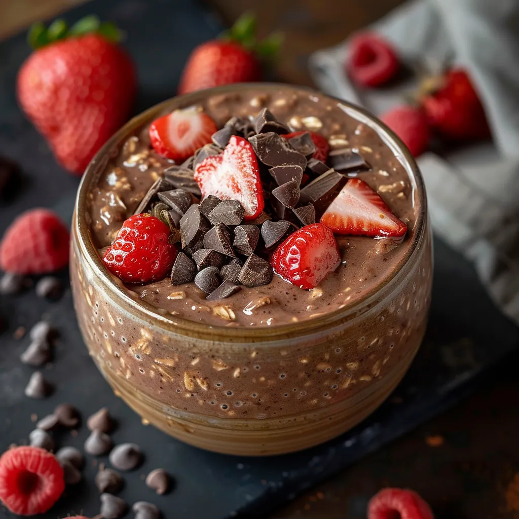 A glass of chocolate and strawberry yogurt.