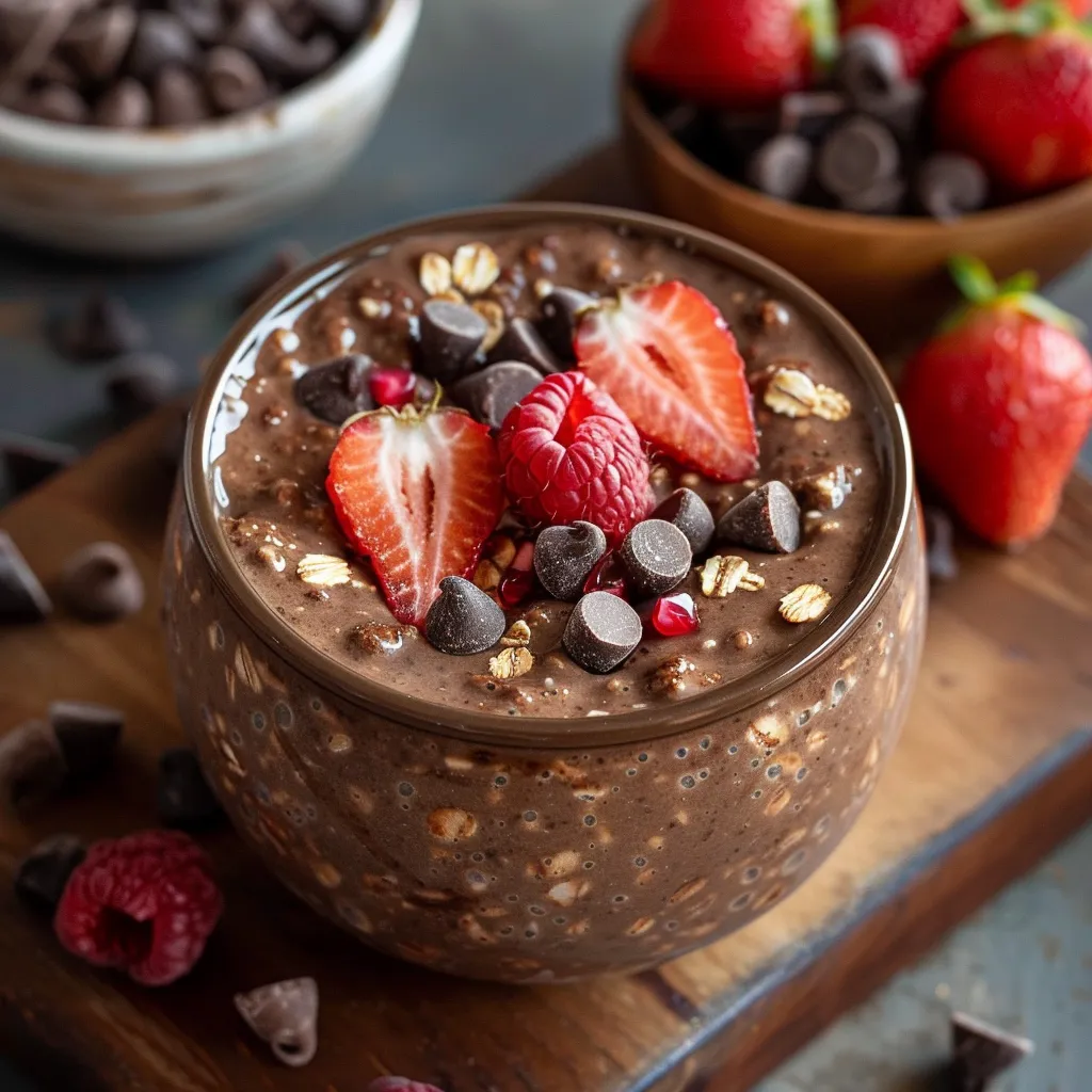 A creamy bowl topped with chocolate and fresh strawberries.