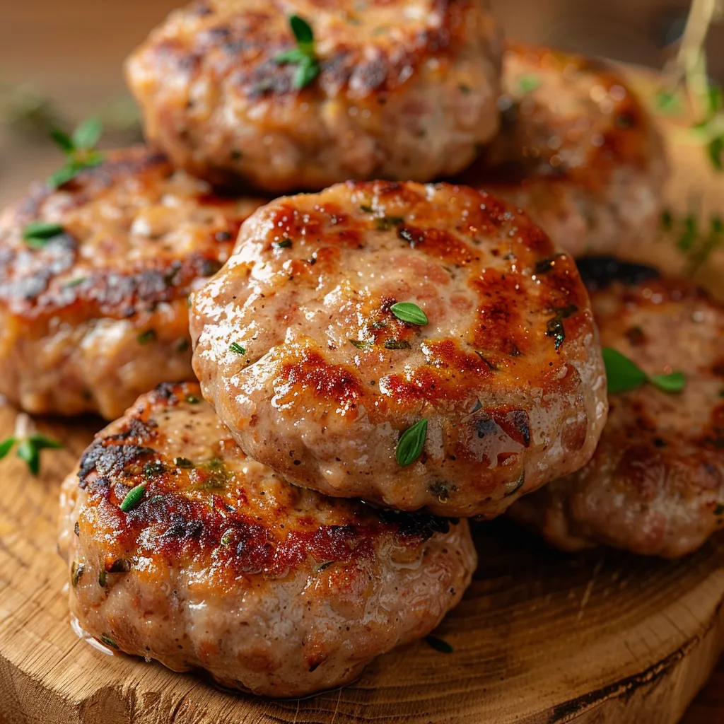 A stack of crispy turkey patties on a wooden table.