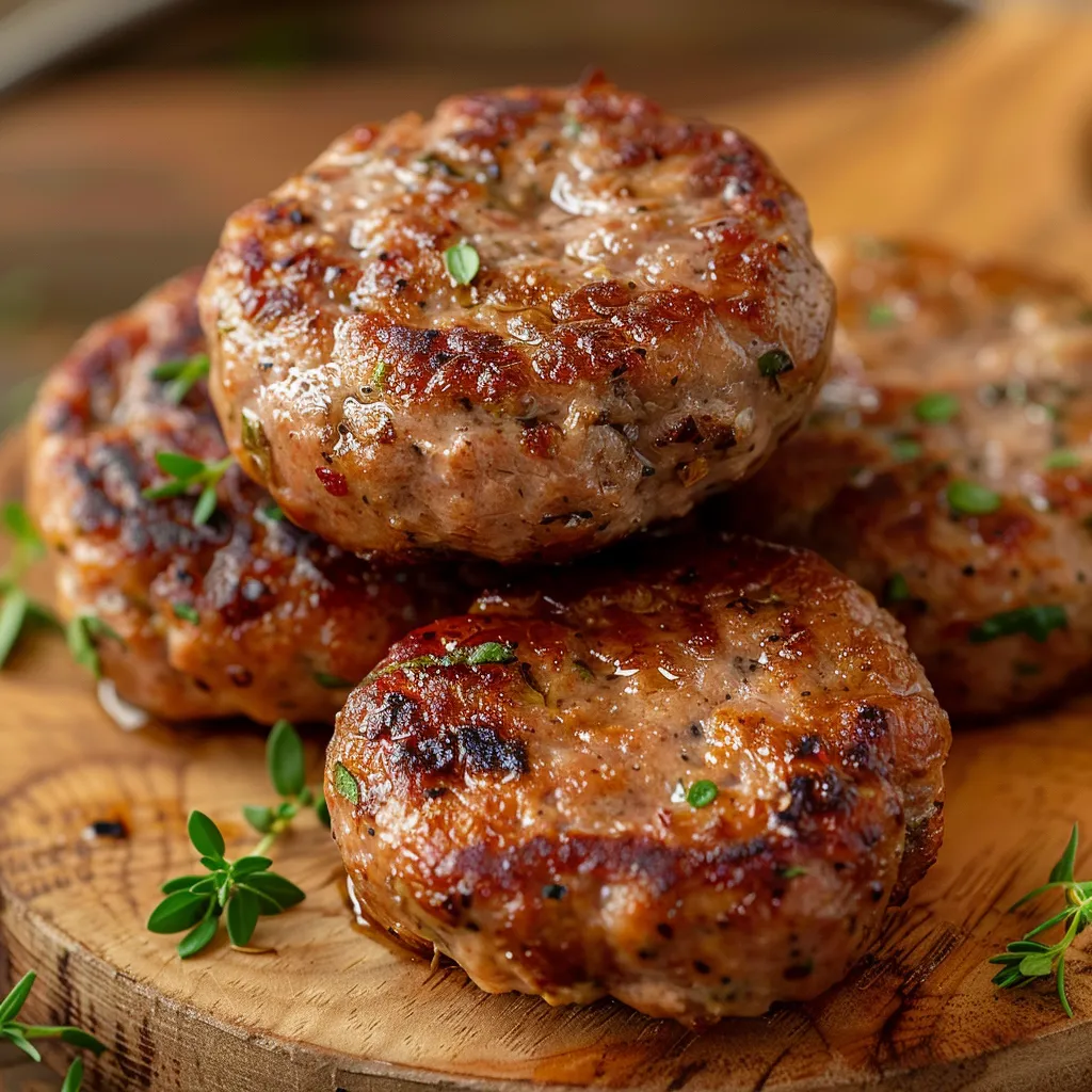 Two meat patties on a wooden cutting board.